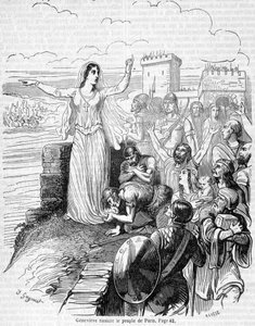 圣热纳维耶夫（Sainte Geneviève）组织了对阿提拉大军的防御，并让巴黎人民放心--见安凯尔的《法国历史》。 作者 未知艺术家
