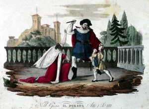 Scene 8 of Act V of “” Il pirata”” (The Pirate) by Vincenzo Bellini. Coloree engraving from 1827. First performance at the teatro alla Scala. 作者 未知艺术家