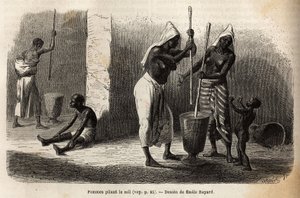 日常生活场景：在塞库（尼日尔），妇女们敲打小米，被孩子们包围。 M.Mage 中尉于 1863-1866 年前往苏丹西部航行的插图，发表于“Le tour du monde, nouveau journal des voyages”，目录下 作者 未知艺术家