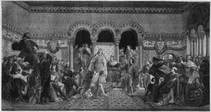 匈牙利的圣伊丽莎白（1207-1231）的生活场景。1878年的雕版画，出自莫里斯-德-施温道的壁画，瓦特堡城堡的诗人室。 作者 Unknown artist