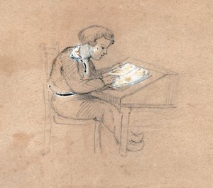 小学生在工作。 （绘图，大约 1830 年） 作者 未知艺术家