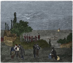 科学实验：计算声速，由 Humboldt、Louis-Joseph Gay-Lussac (Louis Joseph Gay Lussac)、Bouvard、Prony 和 Mathieu 所著，它确定了光感知与枪声感知之间的时间间隔， 在晚上 作者 未知艺术家