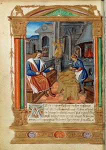 雕塑：一位大师控制着他的学徒的工作，雕刻一只鹰。来自 "Roman de Theseus de Cologne et de Godifer "的微型画，16世纪巴黎，B.N. 作者 未知艺术家