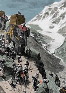 第二次布匿战争。 公元前 218 年，汉尼拔·巴尔卡的军队穿越阿尔卑斯山。 19 世纪的意大利版画。 作者 未知艺术家