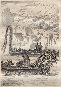 詹姆斯-库克船长（1728-1779）的第二次航行（1772-1775）。新西兰岛人的战争独木舟（Neo Zelandaises）--插图摘自 "18世纪的伟大航海家" 作者 未知艺术家