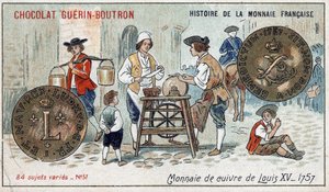 由Chocolat Guérin Boutron出版的《法国货币史》系列。19世纪的彩色石版画。1757年路易十五的铜币 作者 未知艺术家