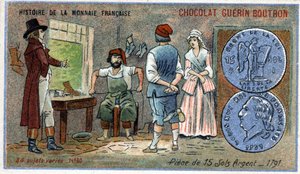 系列Histoire de la Monnaie Française由Chocolat Guérin Boutron出版。Chromolithography 19世纪。1791年的15枚银壤硬币 作者 未知艺术家