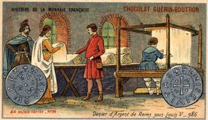 由Chocolat Guérin Boutron出版的《法国货币史》系列。19世纪的彩色石版画。986年路易五世时期的兰斯银质丹尼尔 作者 未知艺术家