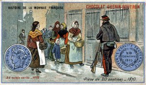 由Chocolat Guérin Boutron出版的《法国货币史》系列。19世纪的彩色石版印刷。1870年的20分硬币 作者 未知艺术家