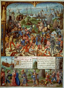 第七次十字军东征（1248-1254）。 在上面，法国国王路易九世（圣路易斯）（1215-1270）在 1250 年在曼苏拉被撒拉逊人击败后带着过境点。他们撤退到大马士革的塔楼后面。 路易九世和他的两个兄弟被捕 作者 未知艺术家