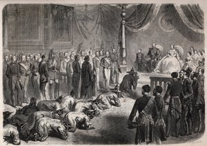 在拿破仑三世（1808-1873）、欧也妮（Eugenia de Montijo）的见证下，暹罗大使在枫丹白露庄严的觐见中向法国皇室爬行。 作者 未知艺术家