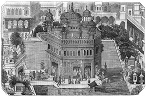 锡克教：金庙（Harmandir Sahib）的景观，锡克教的文化中心，盆地和印度潘杰布邦（拉合尔王国）的阿姆利则市。在 "风景如画的商店" 1836年 作者 未知艺术家