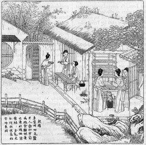 中国的丝绸和蚕。想纺纱的虫子的分离。1888年8月11日的《自然：科学与艺术和工业应用杂志》中的雕刻。 作者 未知艺术家