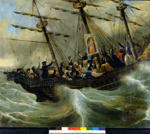 一艘瑞士移民船沉没。 1856 年来自洛迦诺圣母萨索圣殿的前投票。 绘画归功于乔瓦尼·安东尼奥·瓦诺尼 (Giovanni Antonio Vanoni)。 作者 未知艺术家