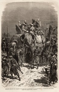 Solemn meeting and hand-held on the back of an elephant, between the team of travelers and the Maharajah of Chutterpore, at the fair of Kajraha. Engraving to illustrate the voyage in India of the Rajahs, by Louis Rousselet, in 1864-1868, published in “” Le 作者 未知艺术家