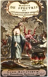 女巫在魔鬼的注视下准备药水，来自 "Magica de spectris et apparitionibus spiritu de vaticiniis, divinationibus "的扉页，作者Henningus Grosius。 作者 未知艺术家