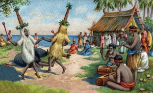 南太平洋岛国的舞者：他们在宗教仪式上穿着蜂鸟羽毛、卡卡托和天堂鸟制成的衣服。19世纪的彩色石版画 作者 未知艺术家