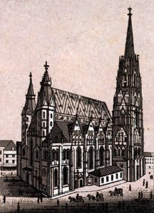 奥地利维也纳的圣斯蒂芬大教堂(St. Stephen or Stephansdom or St. Stephane or St. Stephan Kirche)，载于《世界图解168景》，无日期（19世纪末）。 作者 未知艺术家