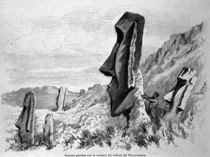 Statues placed on the slope of the volcano of Ronoraraka on Easter Island (Rapa Nui). Engraving 1871. 作者 未知艺术家