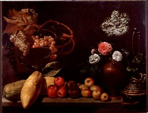 玫瑰花、灌木花、柠檬和葡萄的静物画（绘画 作者 Unknown artist