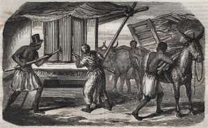 制糖业：西印度群岛的一家糖厂的甘蔗磨。1859年的雕版画。 作者 未知艺术家