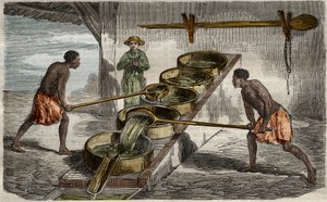 制糖业：在西印度群岛的一家制糖厂里煮甘蔗汁的锅炉。"科学博物馆 "1859 年的版画 作者 未知艺术家