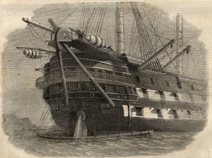 电报：将铺设第一条跨大西洋电缆的H.M.S. "Agamemnon "号船的船尾视图。6月5日的《伦敦新闻画报》上的版画 作者 未知艺术家