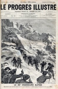 1895年6月21日至24日，第30批高山猎手在海拔3400米的佩尔沃山上进行强行军--1895年《杰出的进步》杂志上的版画。 作者 未知艺术家
