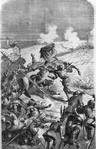 75岁的老兵约翰-塔洛特被改编为带领3000人的远征队，于1452年10月17日在古耶内被征服。代表塔尔博特战死的版画。19世纪的雕版画。 作者 未知艺术家