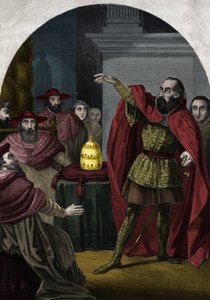 1410年比萨会议宣布安提帕-约翰二十三世（安提帕-乔瓦尼23世）（1410-1415年）（Baldassarre Cossa）为宗主教皇。1842年莫里斯-拉夏特（Maurice Lachatre）在《教皇历史》中的雕刻。私人收藏。 作者 未知艺术家