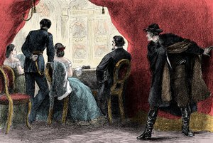 约翰·威尔克斯·布斯 (John Wilkes Booth) 在华盛顿特区福特剧院暗杀亚伯拉罕·林肯 1865 年 4 月 14 日 - 暗杀亚伯拉罕·林肯总统 (1809-1865) 4 月 14 日 作者 未知艺术家