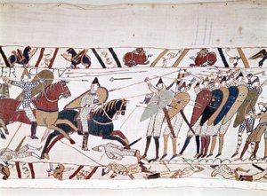 黑斯廷斯战役，由征服者威廉一世（1027 - 1087）于1066年10月14日赢得，英国国王哈罗德二世在战役中死亡（1022 - 1066）。贝叶挂毯，被称为玛蒂尔德女王的刺绣 作者 未知艺术家