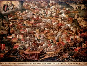 1571 年，在希腊海岸外的勒班陀海战中，西班牙、威尼斯和教皇的军队对抗奥斯曼帝国。匿名绘画。 16世纪。 威尼斯博物馆Correr 作者 未知艺术家