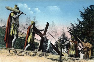 卢尔德的髑髅地（十字架之路）（背负十字架）：第三站 - 耶稣在十字架的重压下倒下。 作者 未知艺术家