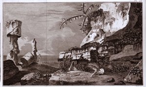 波利尼西亚的复活节岛 (Rapa Nui)，源自 19 世纪雕刻的“Viaggi del Capitano Cook”。 作者 未知艺术家