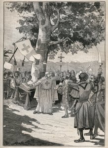 位于瑞士的通斯的埃拉布尔，1424年，迪森提斯的神父、萨克森和韦尔登堡的伯爵以及拉松斯的男爵在其脚下签署了上层联盟或格劳宾登联盟，为赫尔维蒂的独立做准备。1885年的雕版画载于 作者 未知艺术家