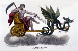土星（或克洛诺斯）神在一辆由两条龙发射的坦克上。来自拉斐尔-桑齐奥的插图。19世纪的雕版画。 作者 Unknown artist