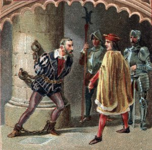 法国国王路易十二将路多维克-玛丽-斯福尔扎（Ludovico Maria Sforza detto il Moro）（1452-1508）锁在图兰的洛什城堡中。19世纪末的彩色石版画 作者 未知艺术家