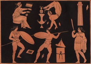 Pyrrhichios舞（Pyrrhic dance）--来自《宇宙中所有民族的用途和习俗》的雕刻。或从最迅速的时代到现在的所有国家的政府、法律、民兵、宗教的历史" 1856年 作者 未知艺术家