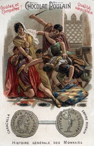 罗马皇帝卡拉卡拉（188-217）在他母亲的怀抱中谋杀了他的兄弟格塔。在《钱币通史》中。19世纪末的巧克力泡沫色板画。私人收藏。 作者 未知艺术家
