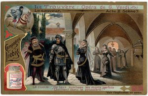 拯救》第二幕第7场。朱塞佩-威尔第（1813-1901）的歌剧《寻找》（Il trovatore）的插图。19世纪末的彩色石版画（Chromo）利比希。 作者 Unknown artist