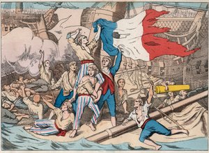 1794年6月1日，在第二年的14 Prairial海战中，"复仇者 "号被三艘英国船只攻击的痛苦经历（6月2日）。 作者 未知艺术家