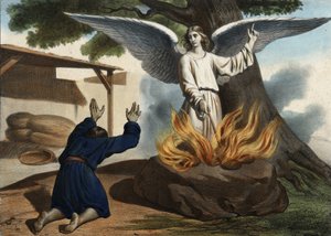 天使在基甸（Gideon）出现，将以色列人民从玛迪亚人的占领下解放出来。19世纪中期的匿名雕刻。 作者 未知艺术家