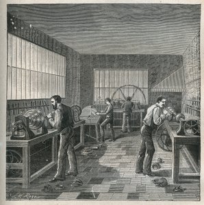 车床的艺术：车工车间里的金属加工。1885年阿道夫-比塔尔的 "艺术和金属图解 "中的雕刻。 作者 未知艺术家