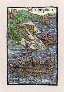 克里斯托弗-哥伦布（1451-1506）在伊斯帕尼奥拉的树皮。雕刻自 "De insulis in mare Indico super inventis"，Bale 1493-1494（哥伦布给西班牙国王的报告的拉丁文翻译）。 作者 未知艺术家
