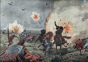 战争航空的开始：1914 年 7 月，法国军队的军事飞行员用炸弹驱散摩洛哥塔扎周围的叛军里亚塔（战争航空的开始和早期轰炸工作，法国飞行员轰炸摩洛哥塔扎地区的叛军）。 作者 未知艺术家