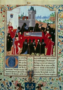 已故国王查理六世（1368-1422）的尸体被抬走，队伍后面是新国王查理七世（1403-1461），1422年10月22日，让-夏尔蒂埃的《查理七世传》（Ms. fr. 2691）手稿中的缩图 作者 未知艺术家