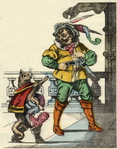 靴猫遇到食人魔。查尔斯-佩罗的故事 "靴猫 "的插图 作者 未知艺术家