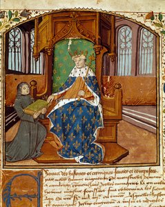 专栏作家 Enguerrand de Monstrelet (1400-1453) 将他的书捐赠给国王查理七世 (1403-1467) 来自“Chronicles d