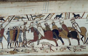 诺曼底公爵威廉-征服者（1027-1087）于1066年征服英格兰：黑斯廷斯战役的场景，诺曼人的步兵与撒克逊人的骑兵对峙。 贝叶挂毯或玛蒂尔德女王刺绣的细节 作者 未知艺术家